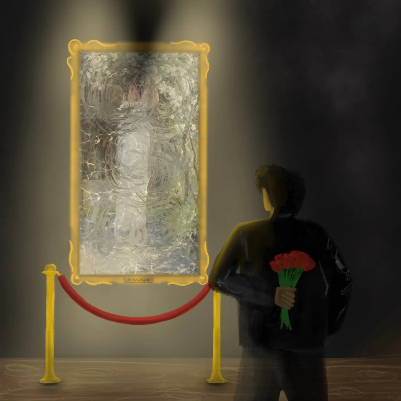 Cover of Darla by Abner: a figure holding red flowers behind their back, facing a gilded mirror